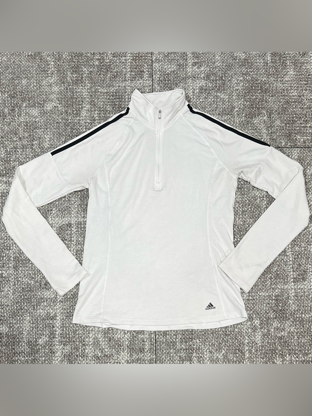 adidas White Half-Zip Long Sleeve Top with Black Shoulder Stripes
